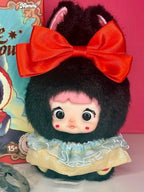 Nommi Fairytale Town plush blind box character with black fur, orange bow, blue ruffled dress