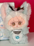 Pastel plush kitten pendant with big bow, heart face, and blue butterfly charm