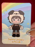 Sunny puppy articulated plush doll on card, illustrated puppy outfit and boots