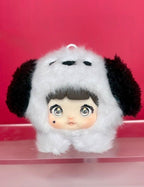 Nommi plush blind box figure: white panda hood with black patches, fuzzy outfit, blue eyes