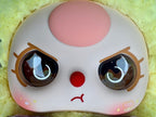 Cute plush bear backpack face with big glossy eyes, pink blush, and red dot