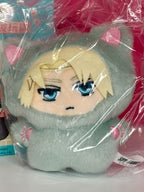Plush character pendant with blonde hair, blue eyes, and light gray fuzzy body