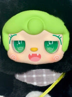 Plush cat face pendant with neon green hood, green eyes, and embroidered smile
