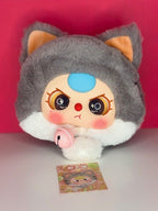 Dark gray plush cat zipper pouch with light blue eye patch and pink keychain charm