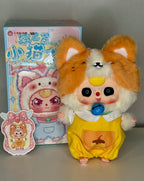 Orange and white plush kitten doll in yellow shirt and blue bib, game pendant