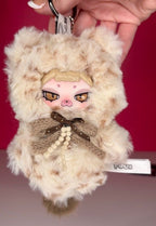 Leopard plush pendant keychain charm with blonde chibi girl and brown bow