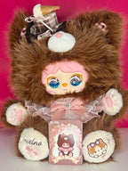 Brown plush rabbit diary character with pink shirt, glitter eyes, and fabric paws