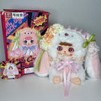 Plush bunny pendant with pastel flower headpiece, green ribbon bow, and lace trim