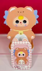 Wooden die-cut phone stand blind box figure with cartoon animal and bow tie