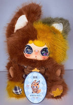 Fox plush with galaxy eyes and star bow, plus round character badge accessory