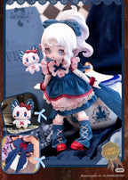 Ball-jointed collectible doll in navy-blue dress with cat-ear hood and red shoes