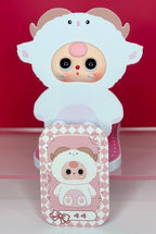 Wooden phone stand with sheep character face and pink-check blind box design
