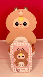 Wooden phone stand with dog character face and pink-check blind box design