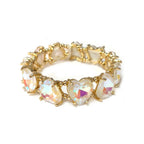 Iridescent AB heart crystal bead stretch bracelet with gold-tone chain links