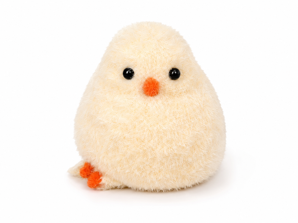 Fuzzy cream plush chick sensory squeeze toy with orange beak and black eyes