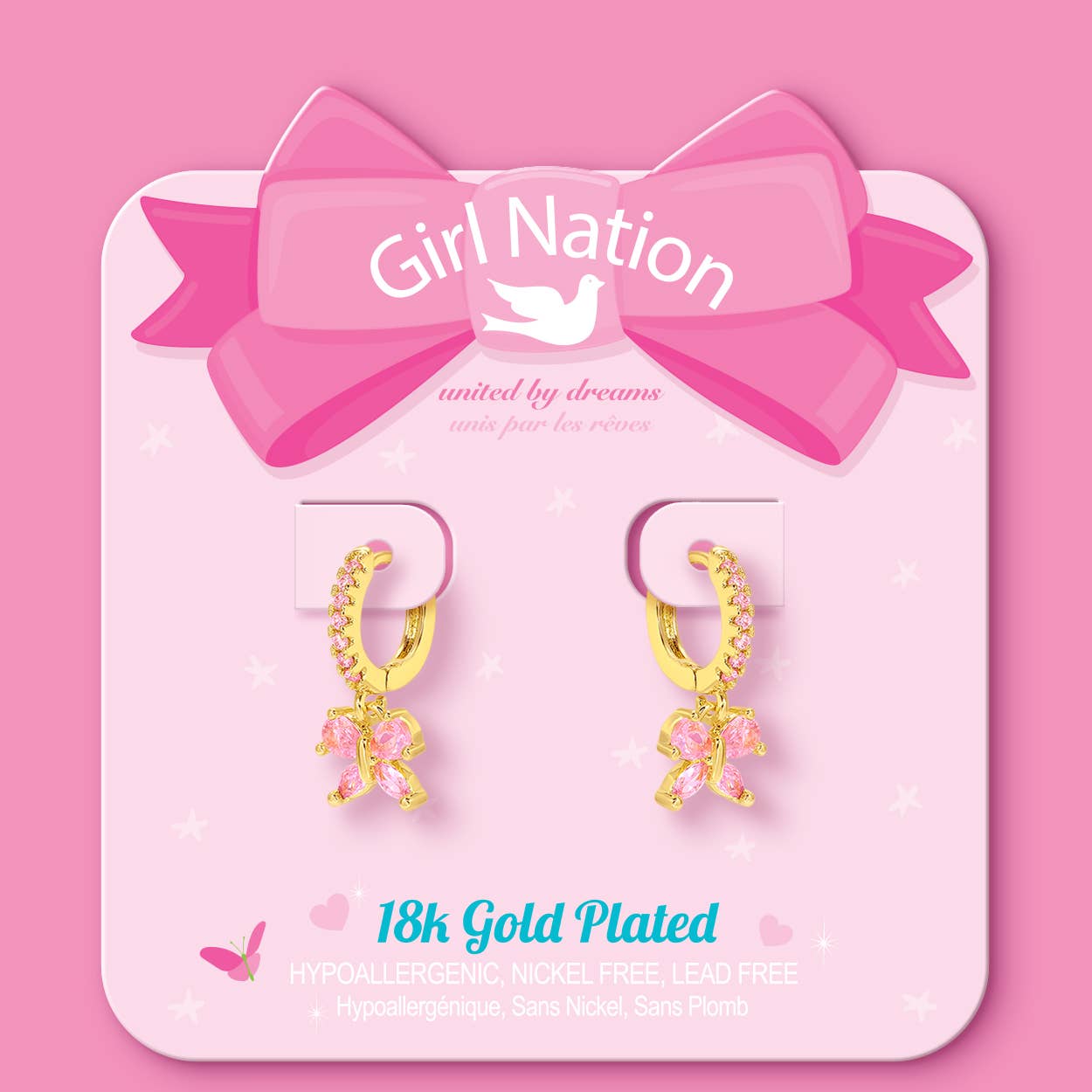 Pink Butterfly 18K Gold Plated Huggie Earrings for Kids