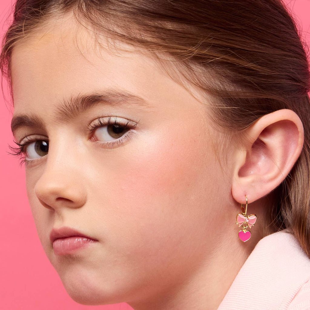 Pink Heart & Bow Leverback Dangle Earrings for Kids