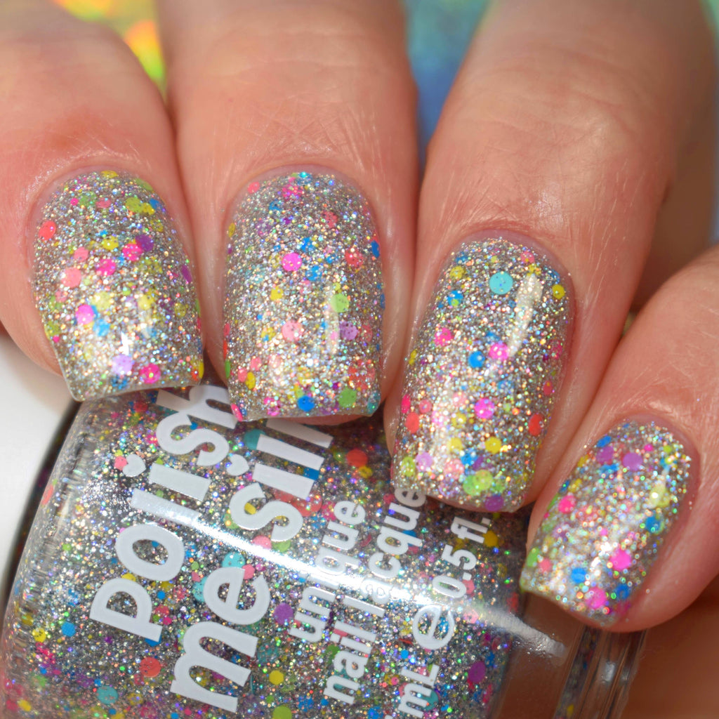 Carnival Holographic Glitter Nail Polish - Silver Rainbow Neon Confetti