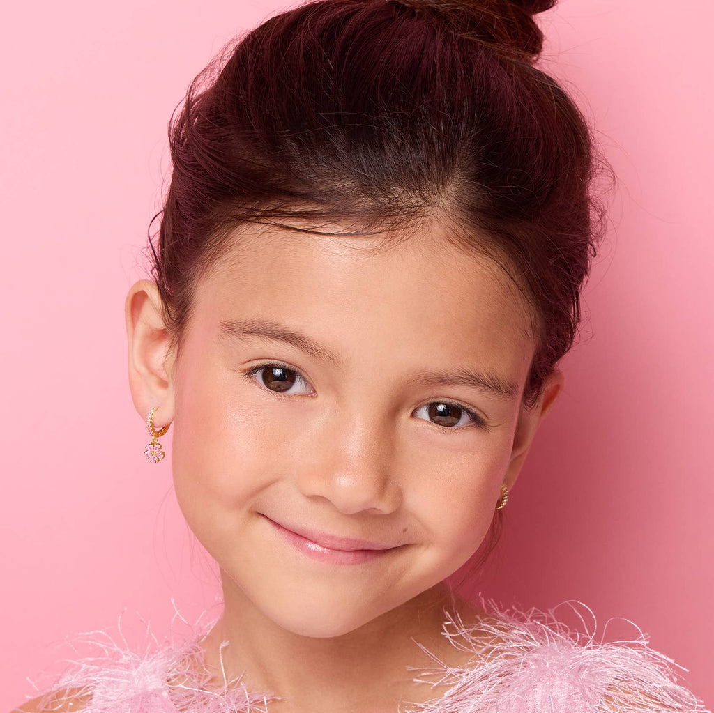 Pink Flower 18K Gold Plated Huggie Earrings for Kids