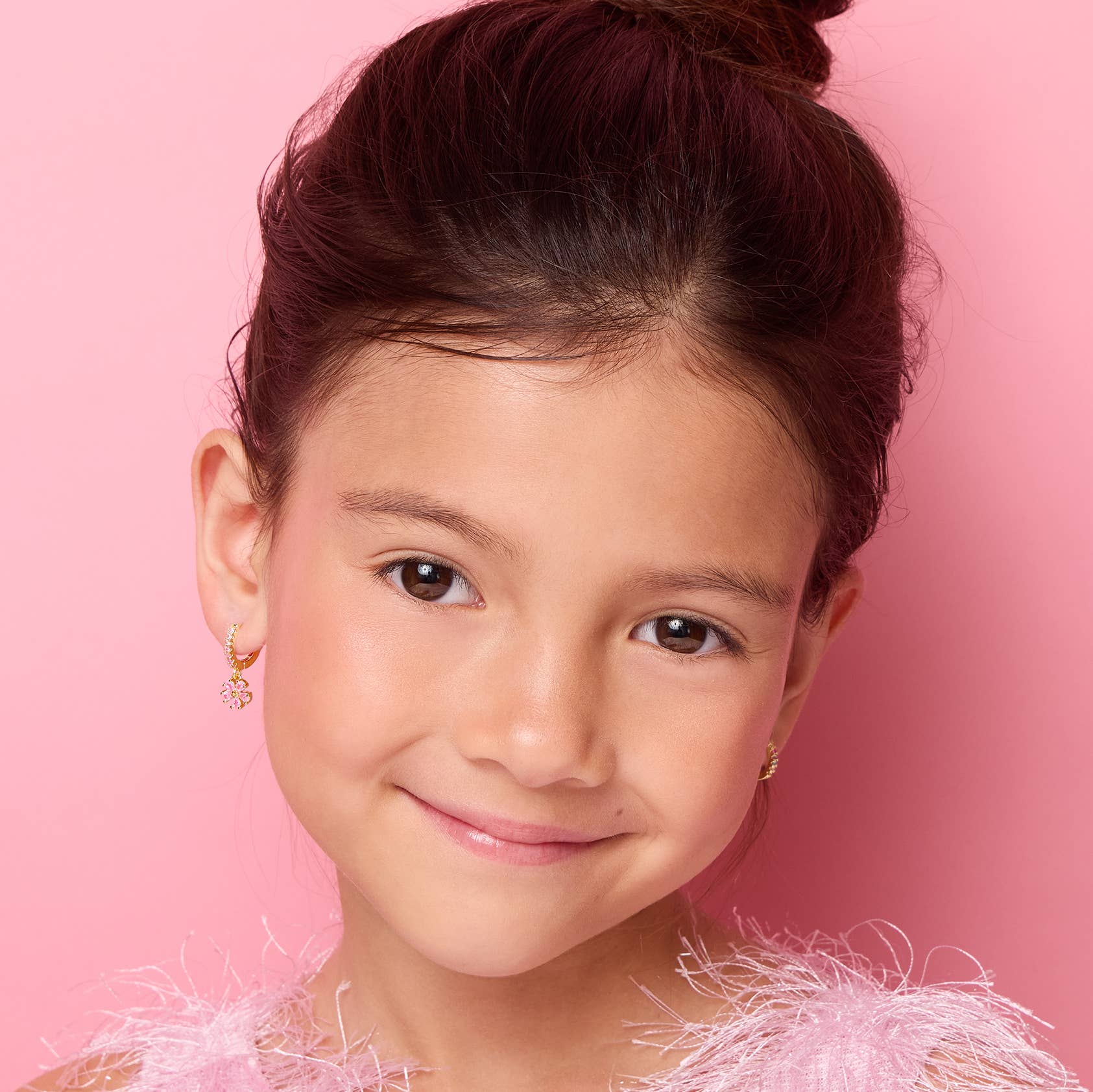 Pink Flower 18K Gold Plated Huggie Earrings for Kids