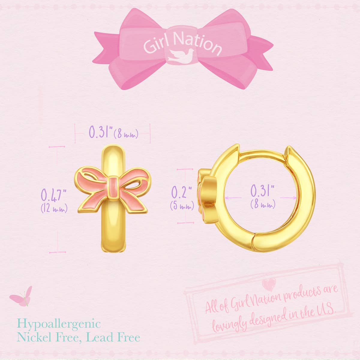 Pink Bow 18K Gold Plated Huggie Earrings for Kids