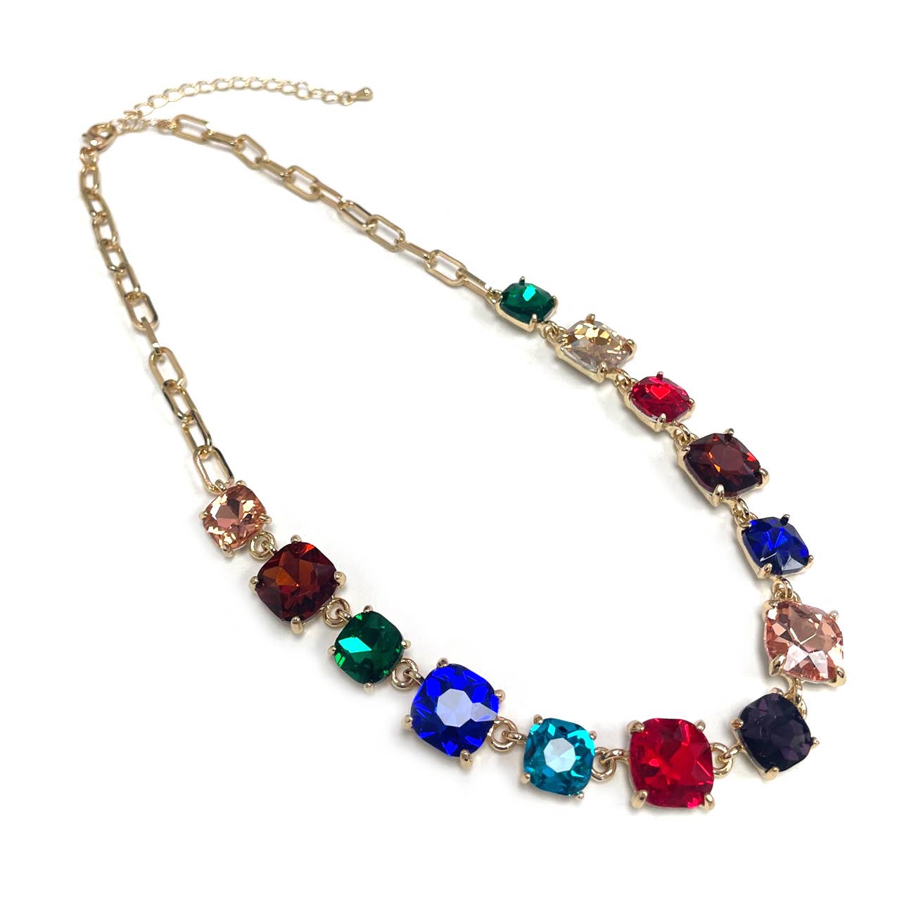 Cushion Cut Square Glass Crystal Linked Chain Necklace