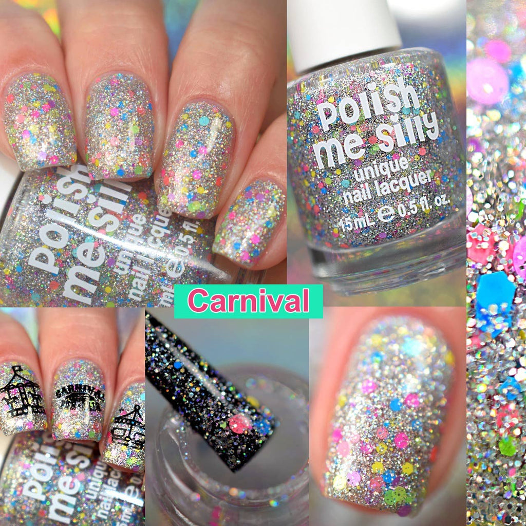 Carnival Holographic Glitter Nail Polish - Silver Rainbow Neon Confetti