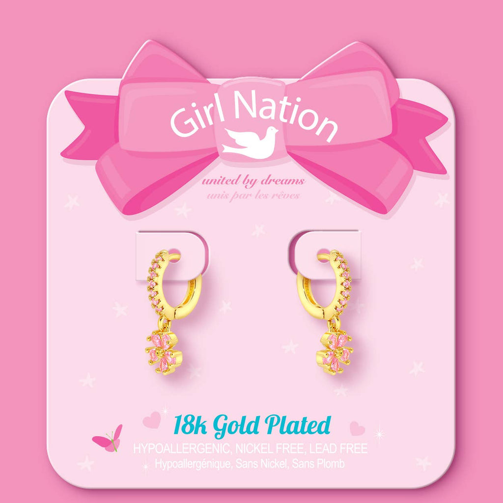 Pink Flower 18K Gold Plated Huggie Earrings for Kids