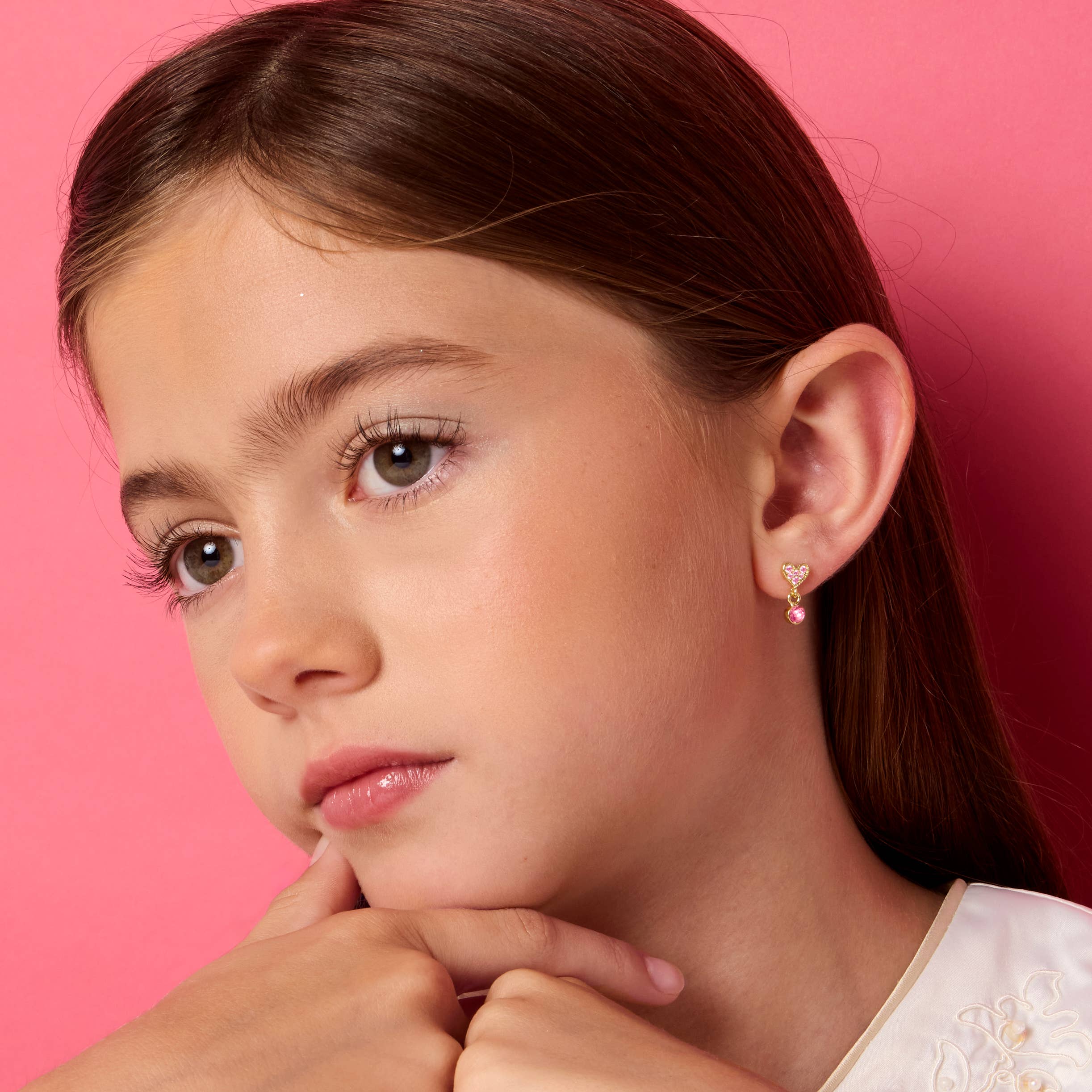 Pink Cubic Zirconia Heart Little Luxe Drop Earrings for Kids