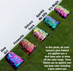 Set of unicorn glow flake nail polish swatches with pink, purple, blue iridescence
