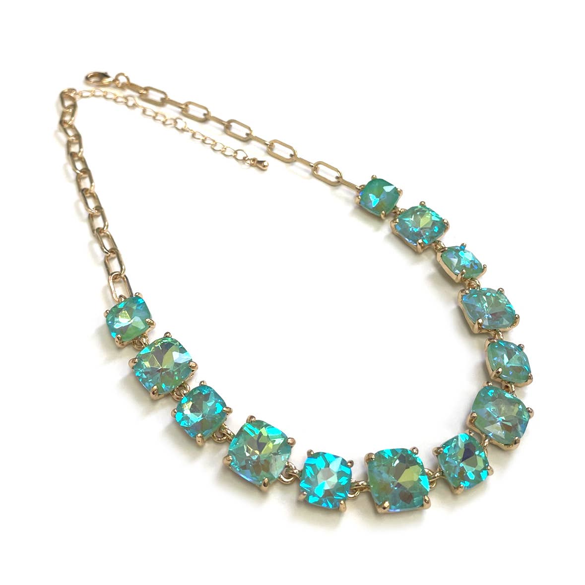 Cushion Cut Square Glass Crystal Linked Chain Necklace