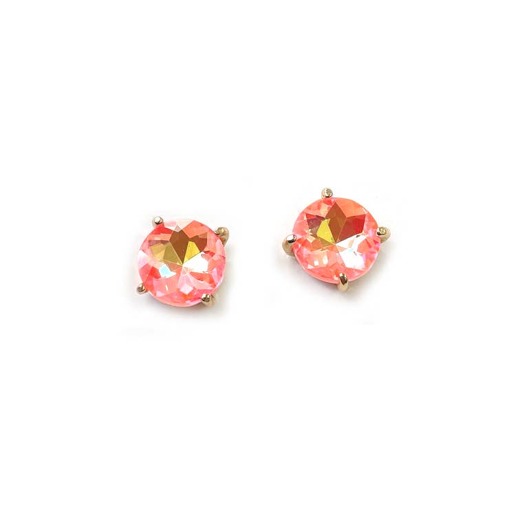 Sterling silver post round glass stud earrings with coral pink gemstone-style center