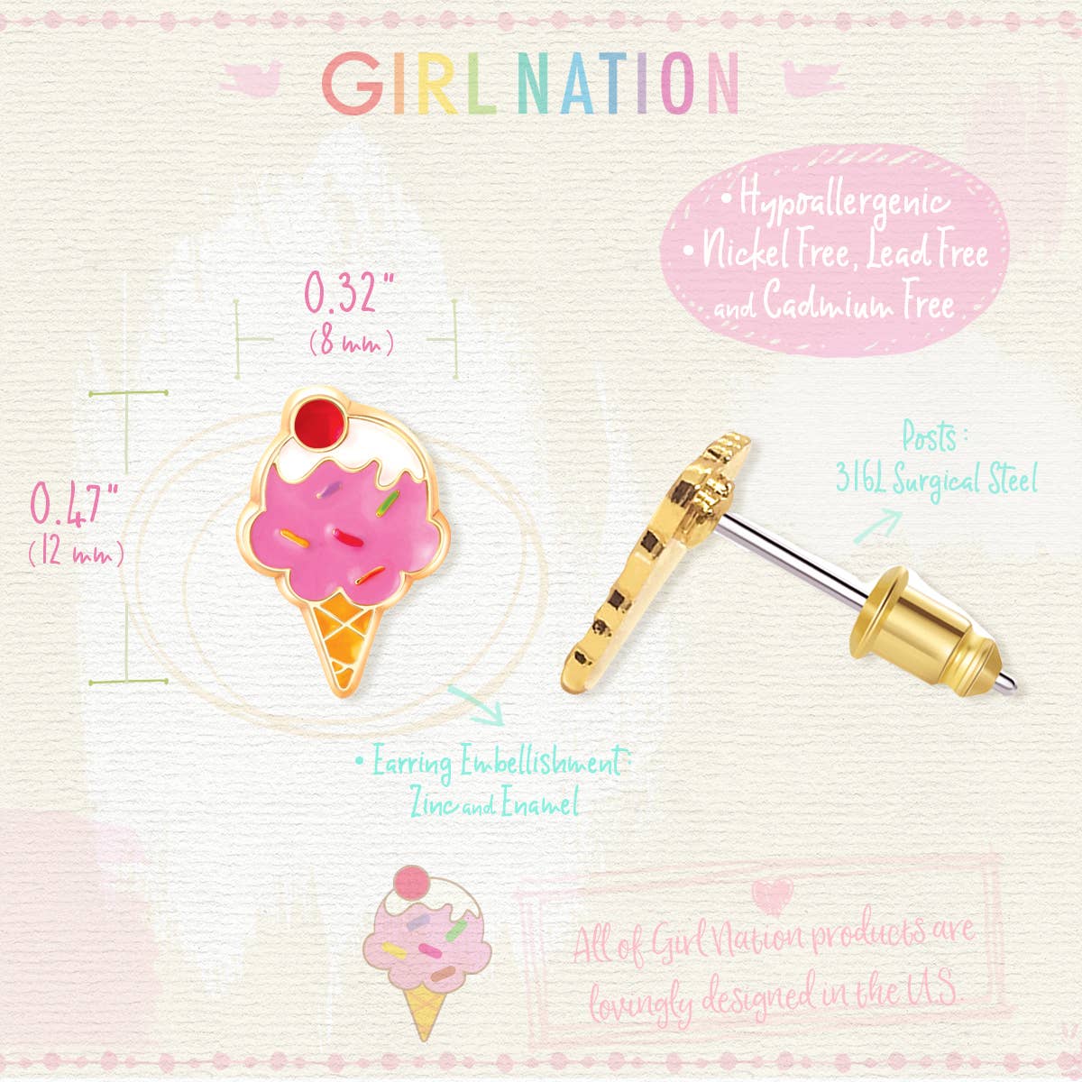 Ice Cream Dream Cutie Stud Earrings for Kids