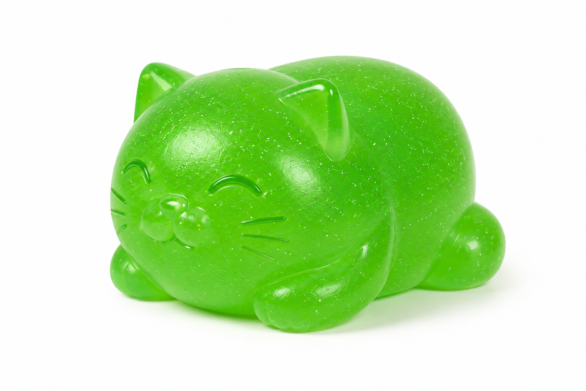 Green squishy cat toy with embossed face and rounded curled tail.