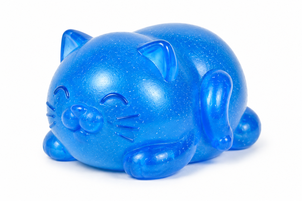 Blue squishy cat toy with embossed face, whiskers, and curled tail.