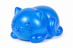 Blue squishy cat toy with embossed face, whiskers, and curled tail.