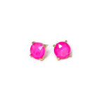 Round glass stud earrings with neon fuchsia pink stone and gold-tone S925 posts