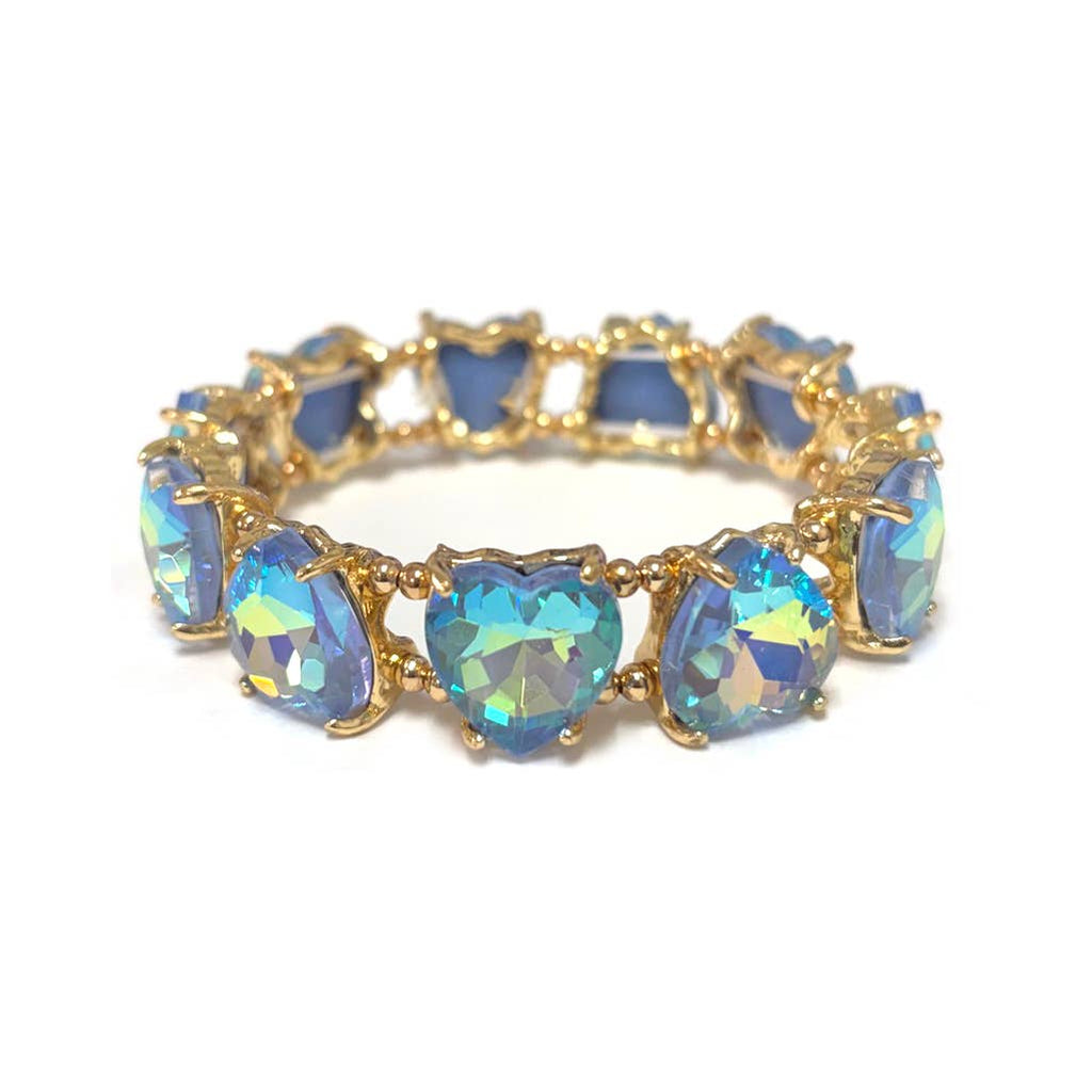 Blue AB crystal bead stretch bracelet with heart-shaped center stones and gold-tone links