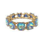 Blue AB crystal bead stretch bracelet with heart-shaped center stones and gold-tone links