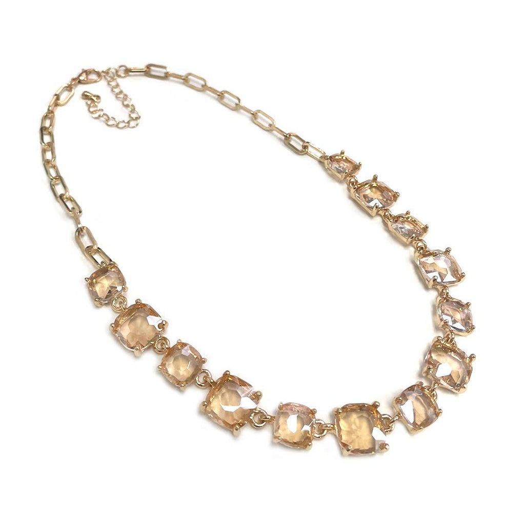 Cushion Cut Square Glass Crystal Linked Chain Necklace