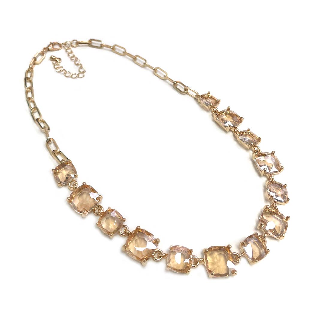 Cushion Cut Square Glass Crystal Linked Chain Necklace