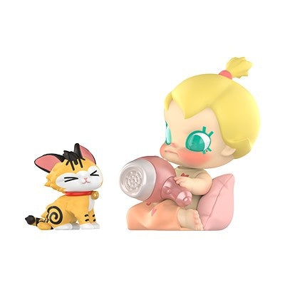 POP MART Baby Molly and Baby Tabby collectible figures, baby pink outfit and yellow hair
