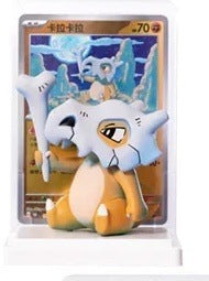 Pokémon Cubone figure with skull helmet, standing on a clear display base