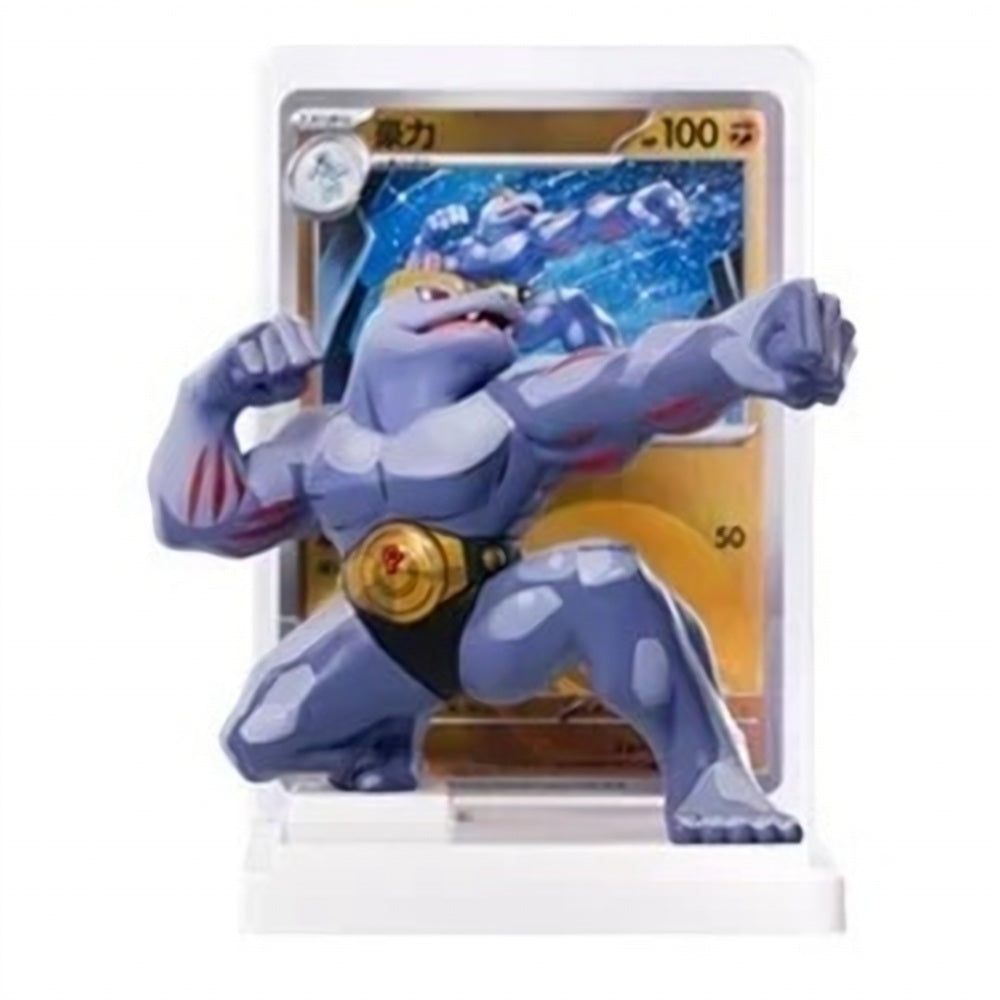 Trading card in clear plastic case with a blue armored creature illustration and figure