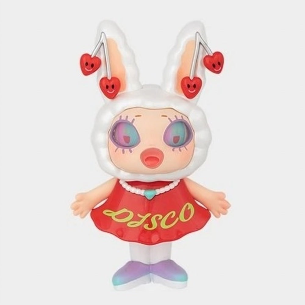 White bunny-eared figure in red dress with heart details, rainbow shoes