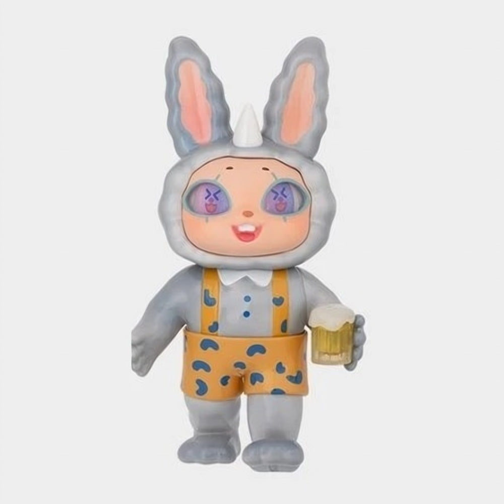 Gray bunny-eared collectible figure in blue shirt and yellow shorts, holding a small tool