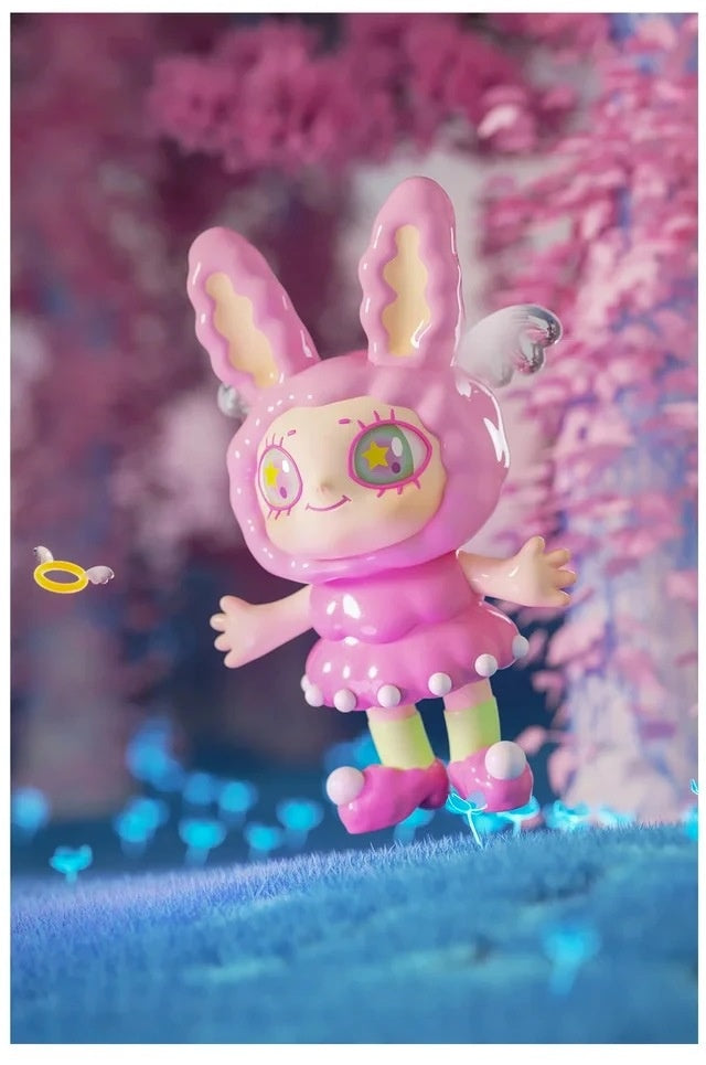 Pink fantasy plant rabbit angel figurine, open mouth, hands up, small accessories
