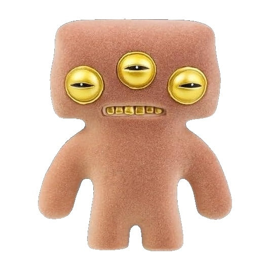 Brown plush alien figure with three gold eyes and a row of teeth
