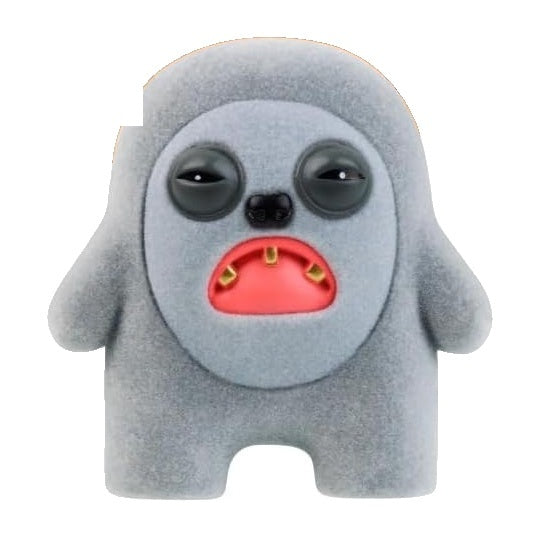 Gray plush alien figure with big black eyes and red open mouth