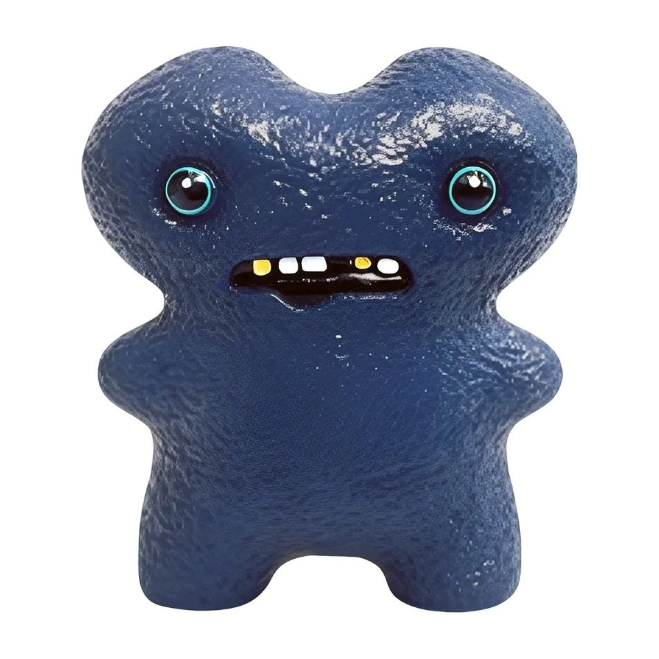 Dark blue plush-style collectible figure with bright eyes and open toothy mouth